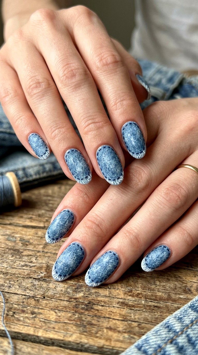 Vintage Denim Textured Blue Nail Art - 24 Summer Nail Design Inspo