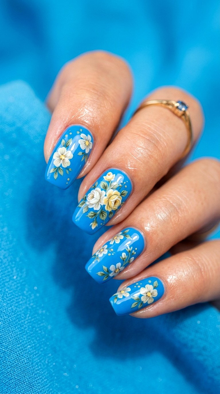 Vintage Floral Bright Blue Nails - 22 bright blue nails