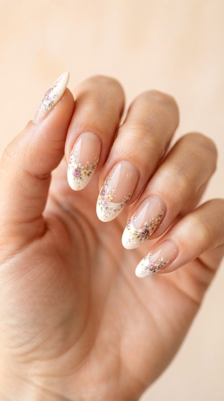 Vintage Floral French Tip Manicure - 24 thick french tip nail art designs