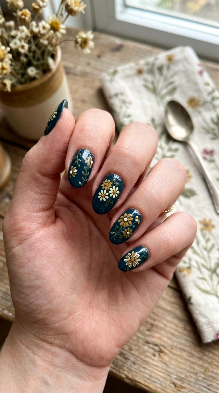 Vintage Floral Teal Nail Art - 24 Teal Nail Art Ideas