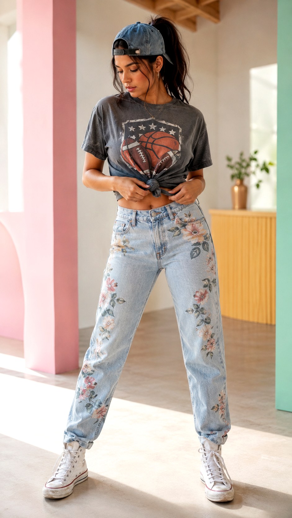 Vintage Graphic Tee and Floral Denim - 21 flower jeans outifit ideas