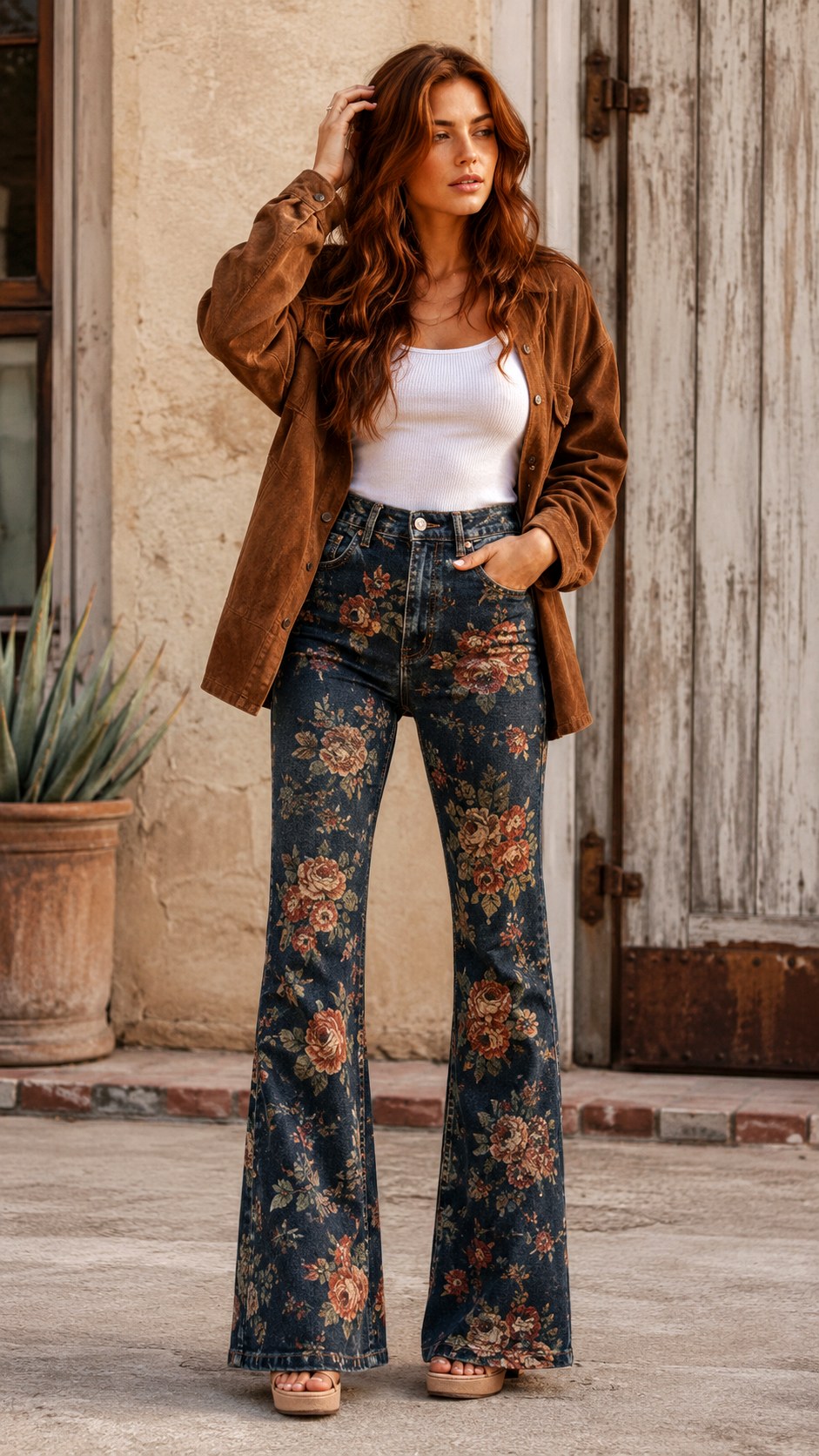 Vintage High Waist Floral Bootcut Jeans - 22 floral jeans outfit ideas