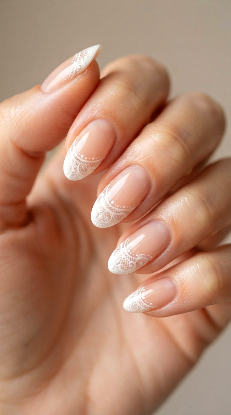 Vintage Lace Detailed French Tips - 22 natural french tip nail art ideas
