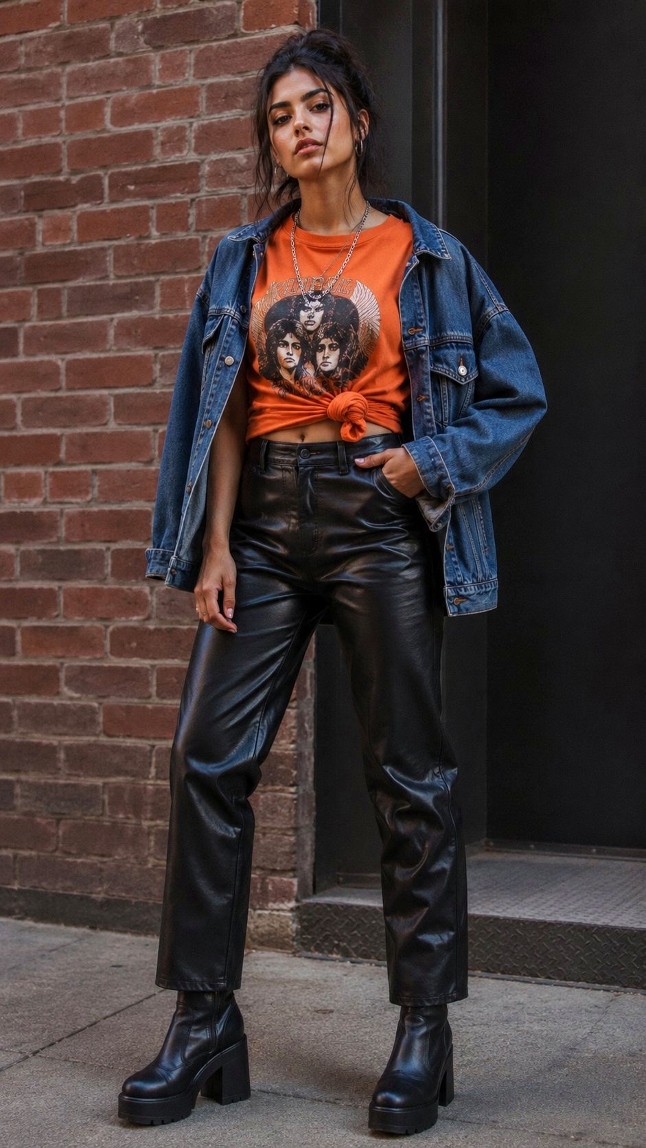 Vintage Orange Band Tee with Vegan Leather - 21 Orange Shirt Outfit Ideas