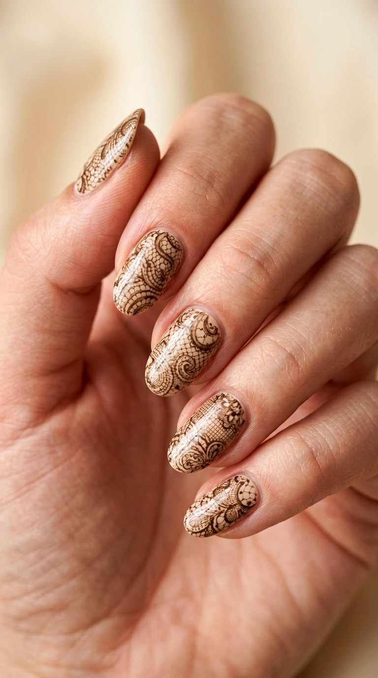 Vintage Sepia Lace Manicure - 22 lace nail art ideas