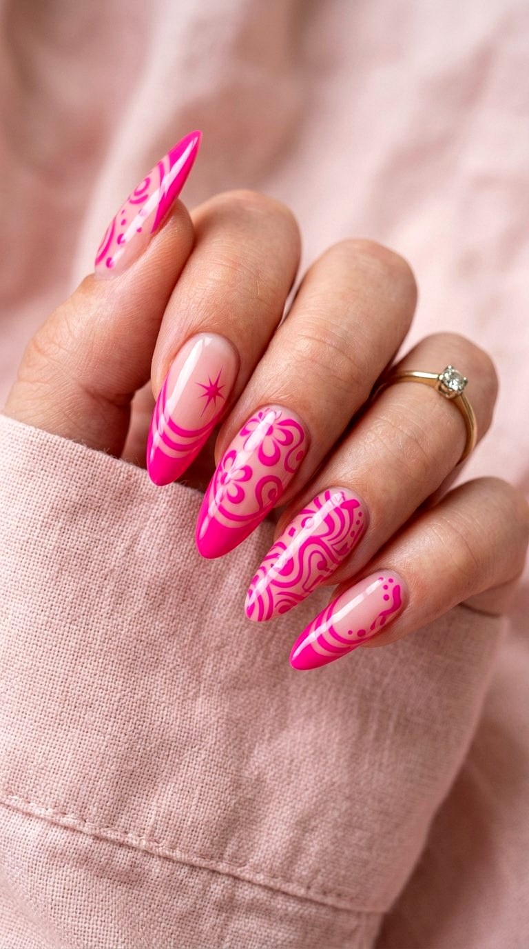 Vintage Style Bright Pink French Tip Nails - 21 bright pink french tip nails