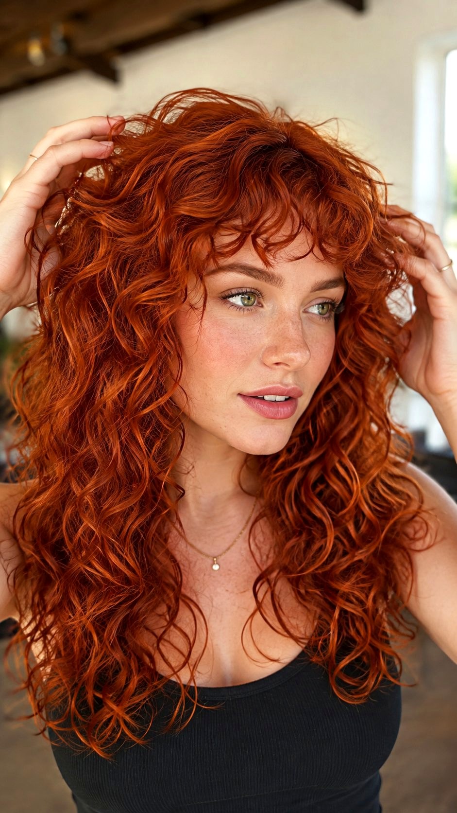 Vivid Copper Layers with Short Curly Bangs - 25 bangs copper ideas