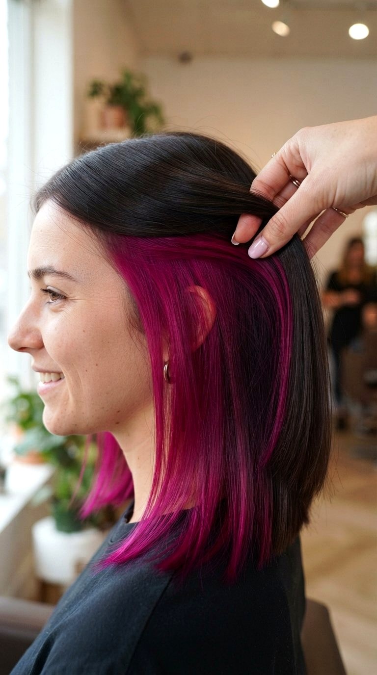 Vivid Magenta Underlights on Straight Hair - 21 long hair color ideas