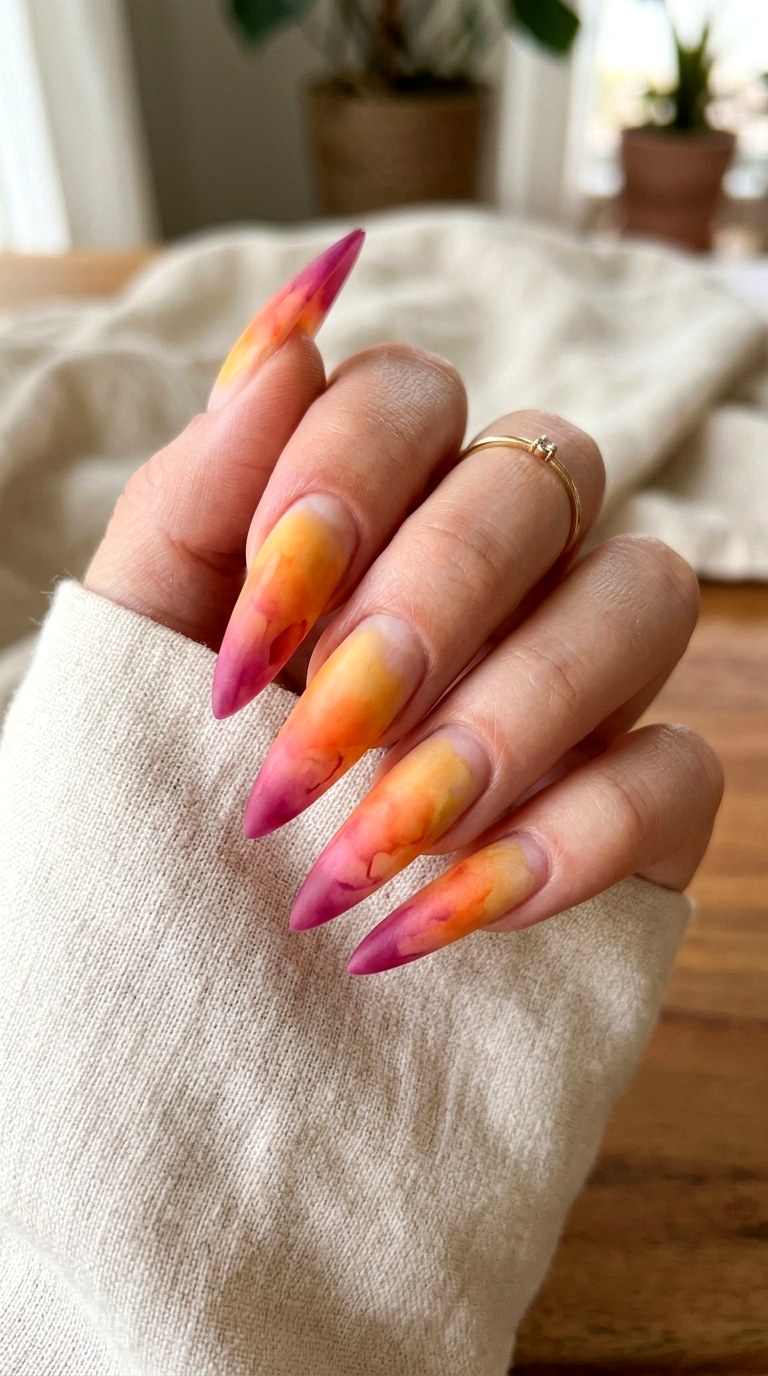 Watercolor Brush Stroke Sunset Ombre - 24 Summer Nail Design Inspo