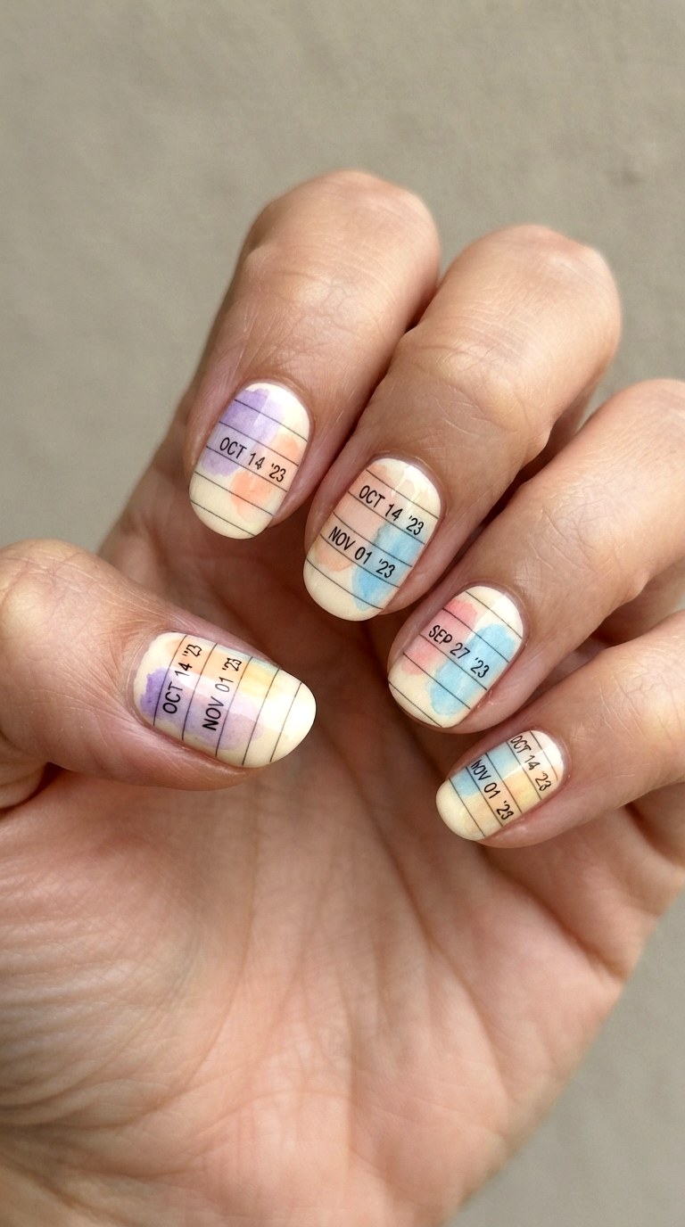 Watercolor Library Card Nails - 21 school nail art designs