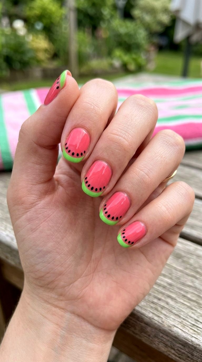 Watermelon Pink and Green - 21 Summer Nail Design Ideas