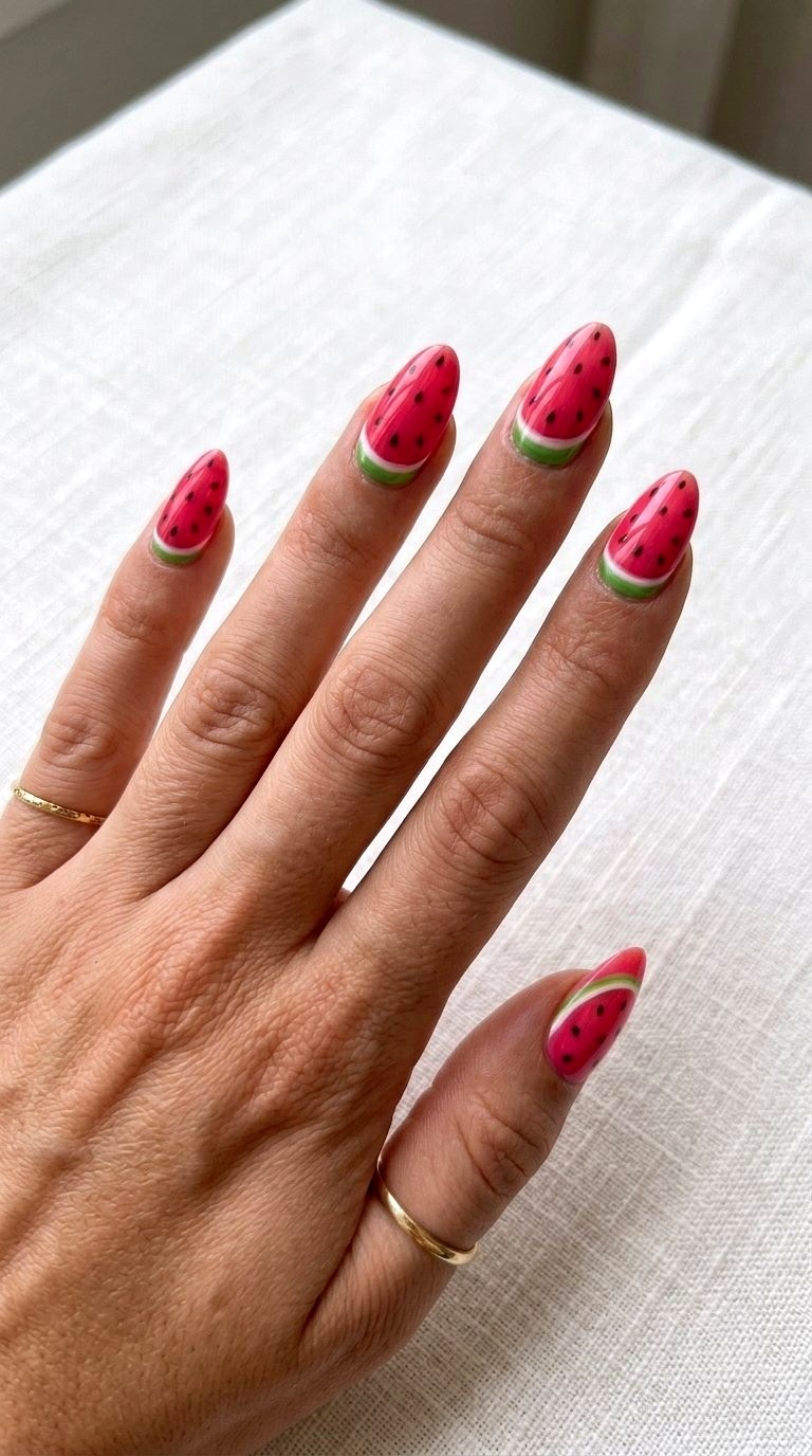 Watermelon Slices Medium Almond Summer Nails - 20 Medium Almond Summer Nails