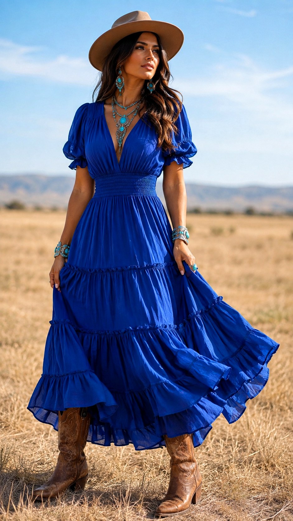 Western Boots and Wide Brim Hat - 25 Cobalt Blue Dress Outfit Ideas