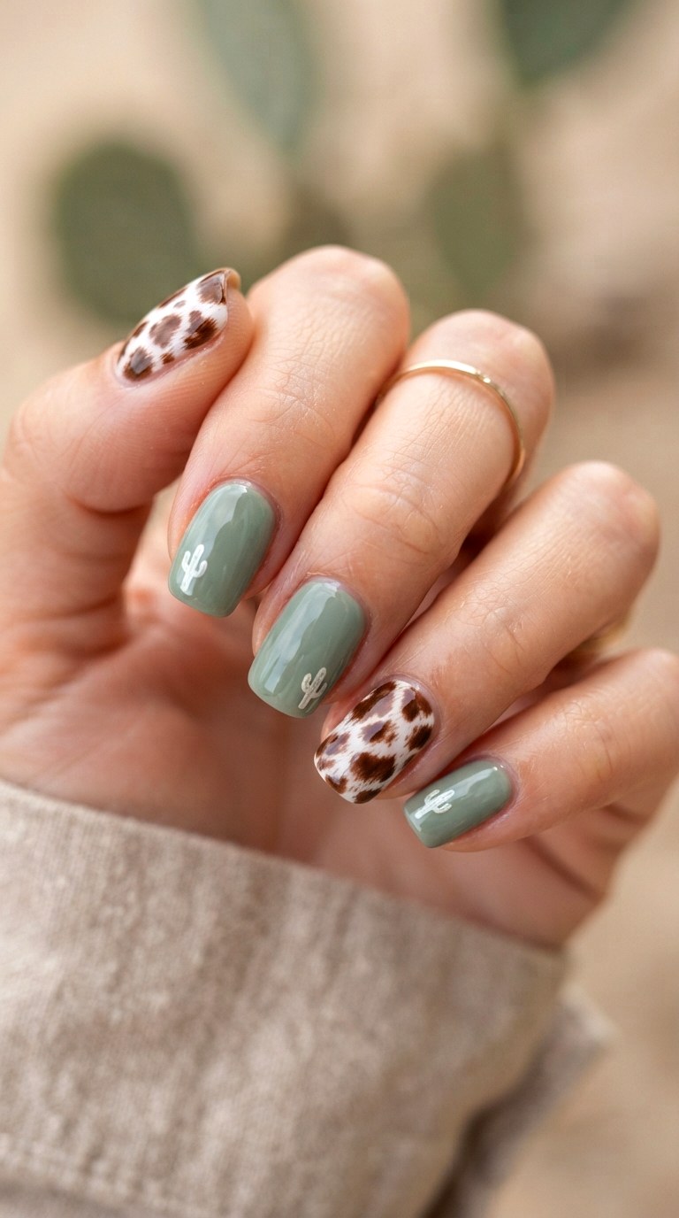 Western Cow Print Cactus Nail Art - 21 back to school nail art design