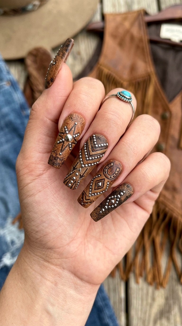 Western Cowgirl Leather and Studs - 24 Summer Nail Design Inspo
