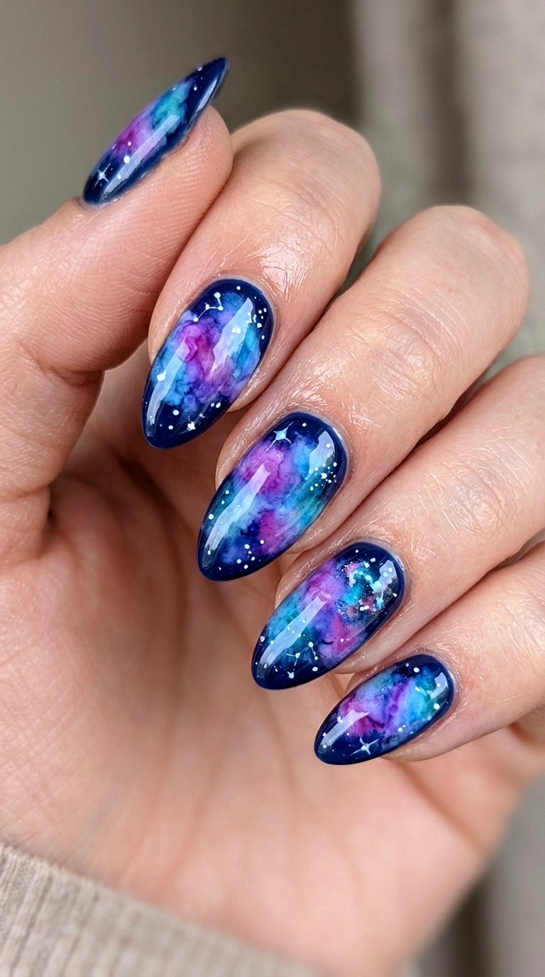 Whimsical Watercolor Galaxy Nails - 23 back to school nail art ideas