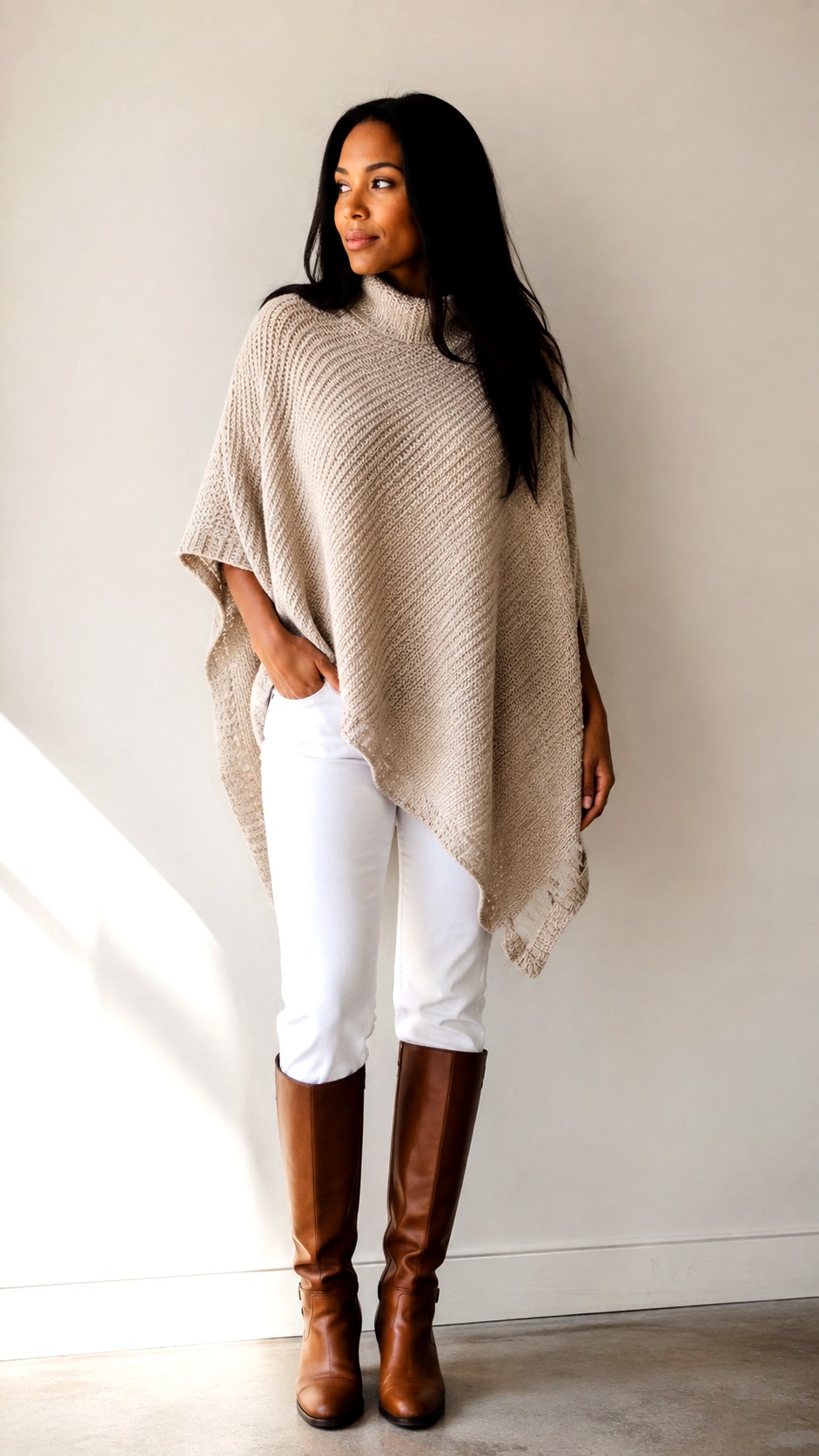 White Denim Knit Poncho Outfit - 20 elegant jean outfit ideas