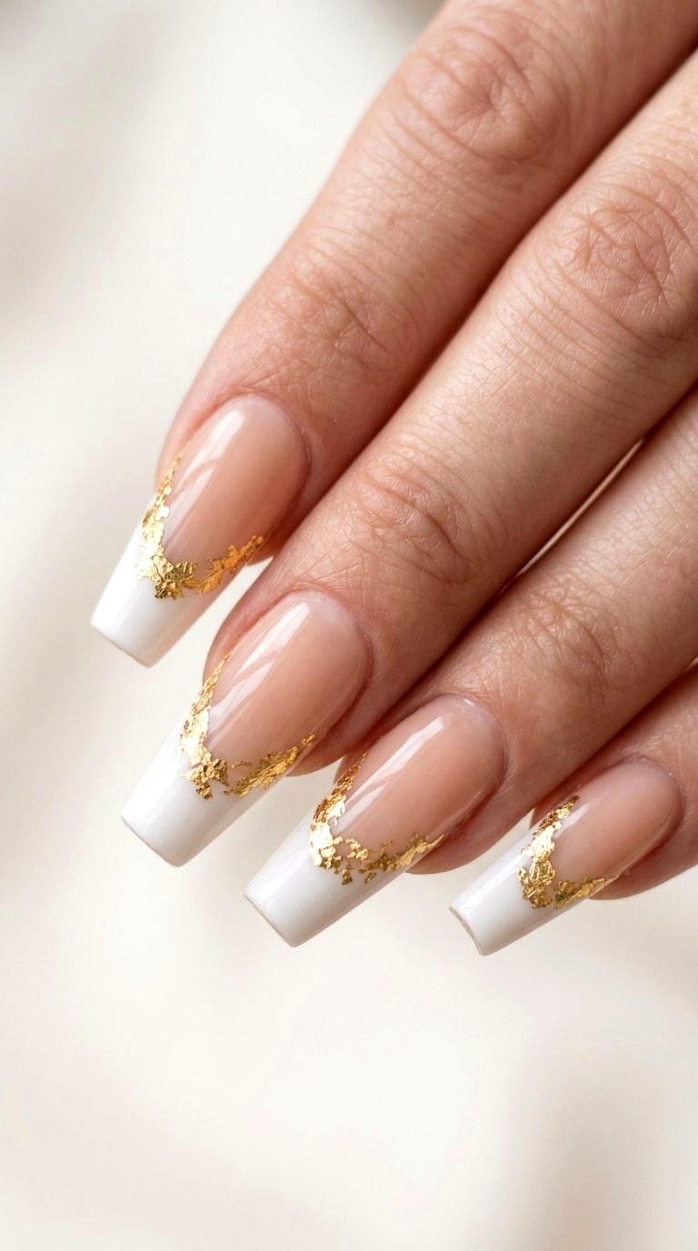 White French Tips With Gold Flakes - 20 White French Tip Nail Design Ideas