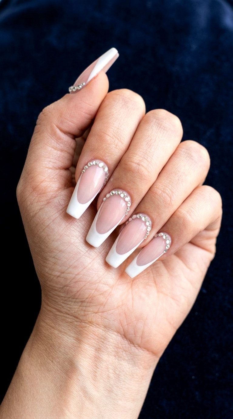 White French Tips With Rhinestones - 20 White French Tip Nail Design Ideas