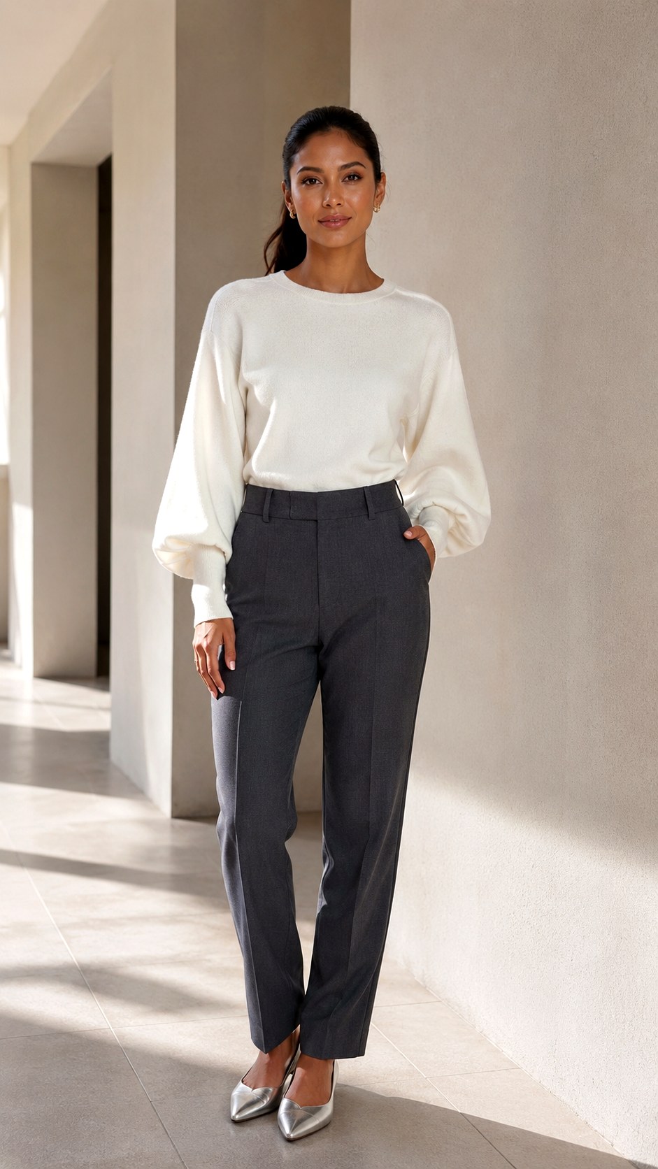 White Knit Balloon Sleeve Top - 22 white knit outfit ideas