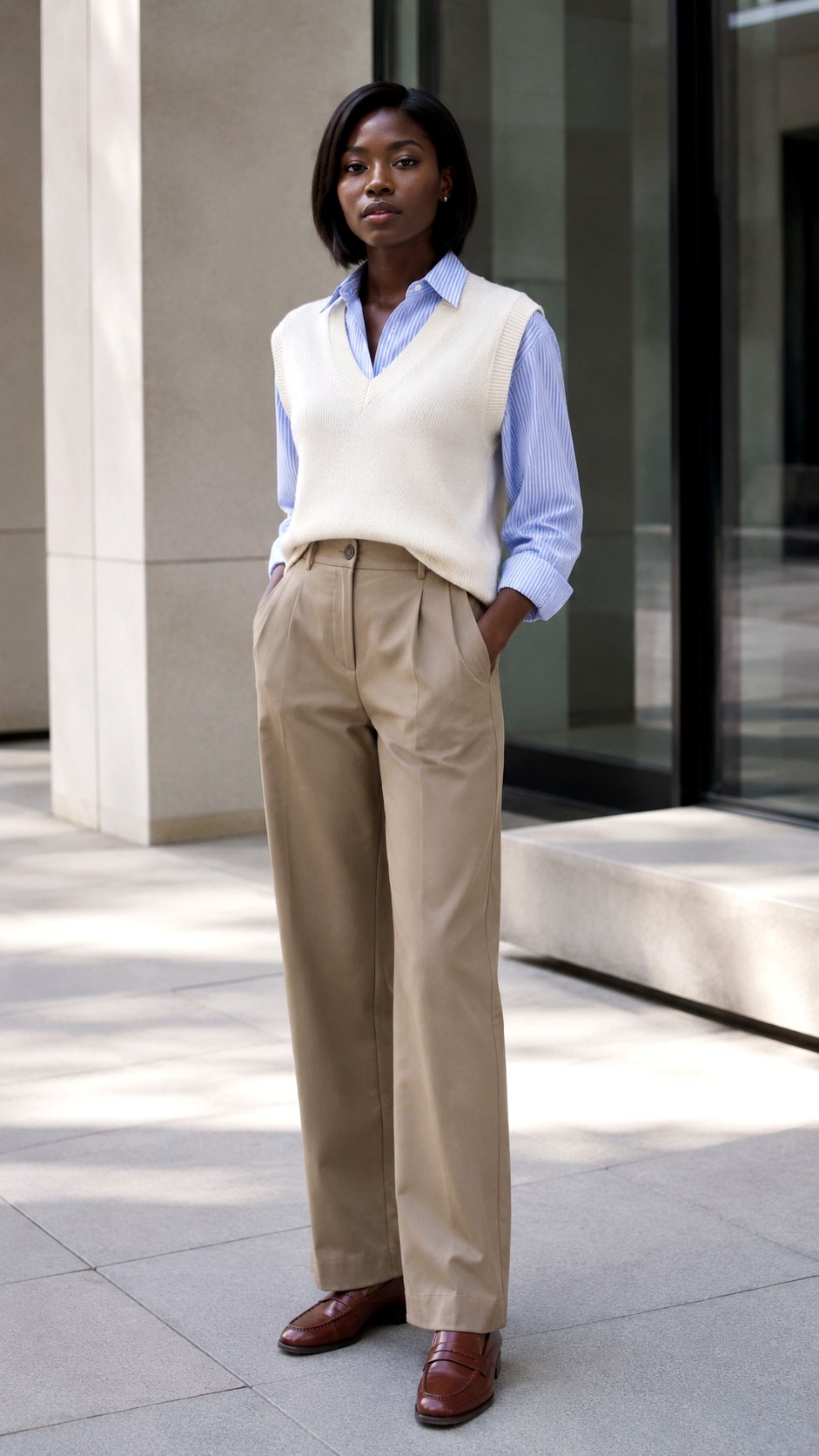 White Knit Vest and Button Down - 22 white knit outfit ideas