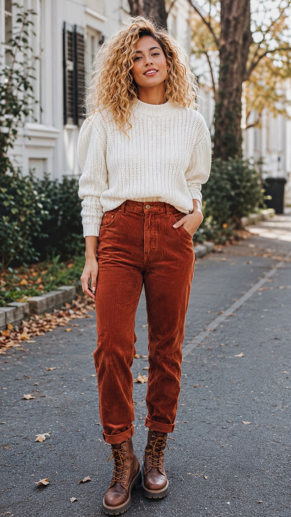 White Knitted Sweater With Corduroy Pants - 23 white knitted sweater outfit ideas
