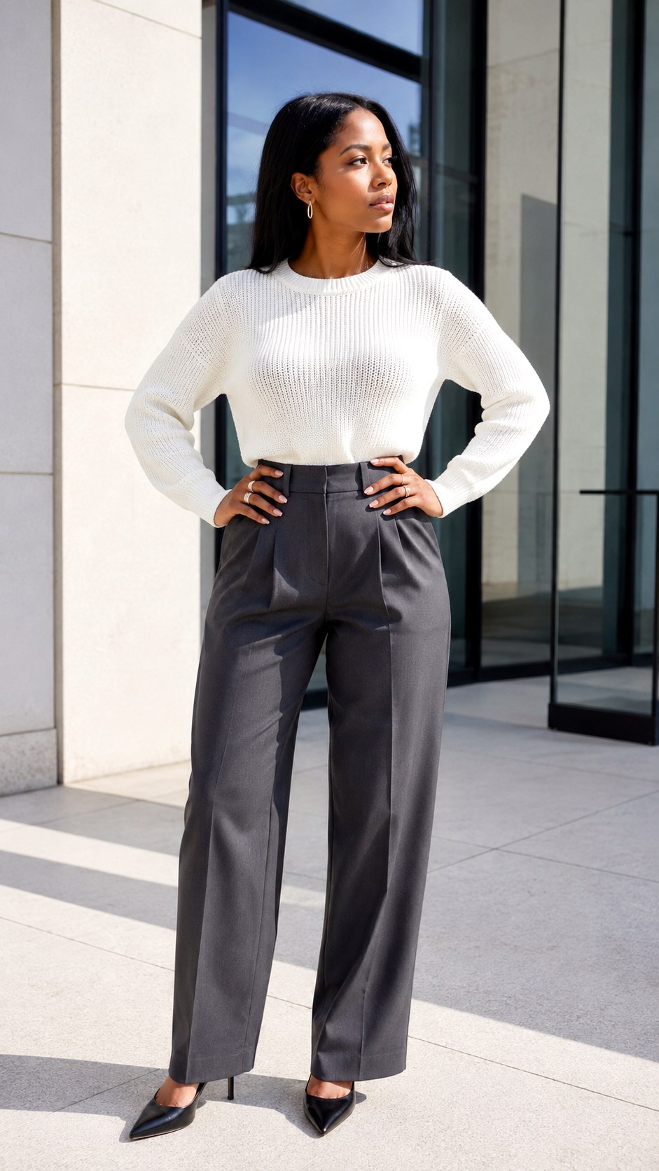White Knitted Sweater With Tailored Trousers - 23 white knitted sweater outfit ideas