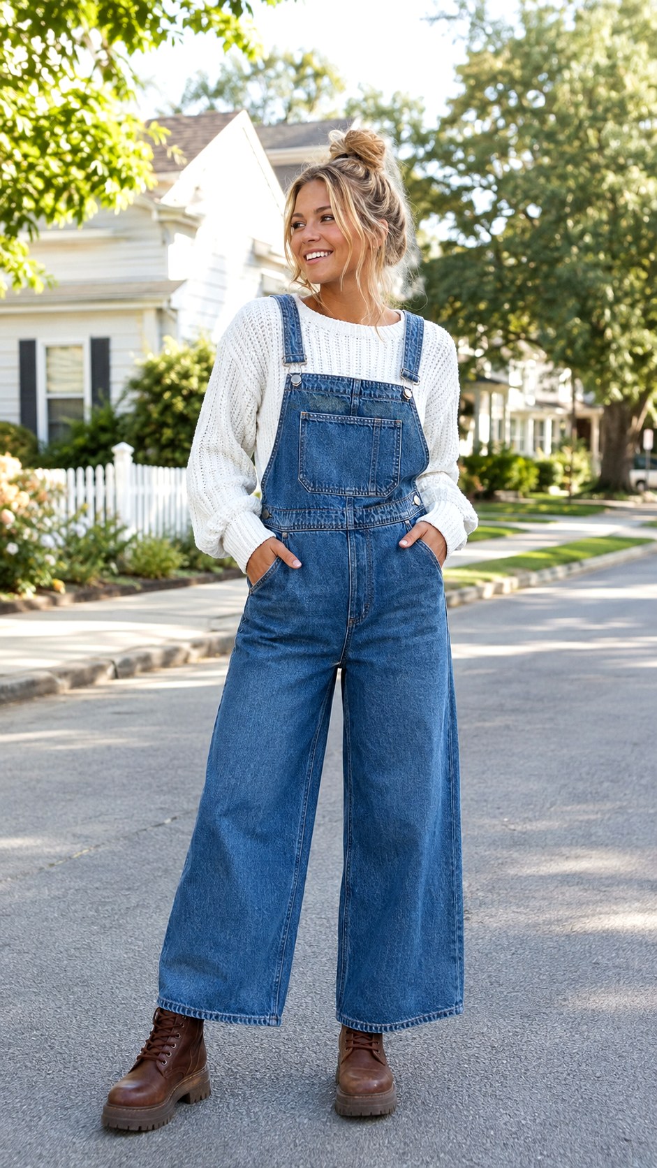 White Knitted Sweater With Wide Leg Overalls - 23 white knitted sweater outfit ideas