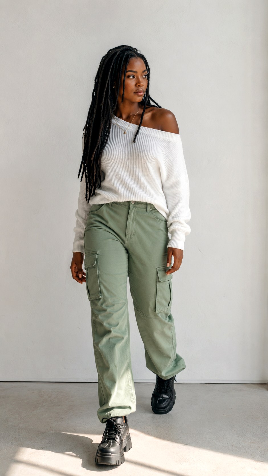 White Off Shoulder Sweater With Cargo Pants - 24 white off shoulder sweater outfit ideas