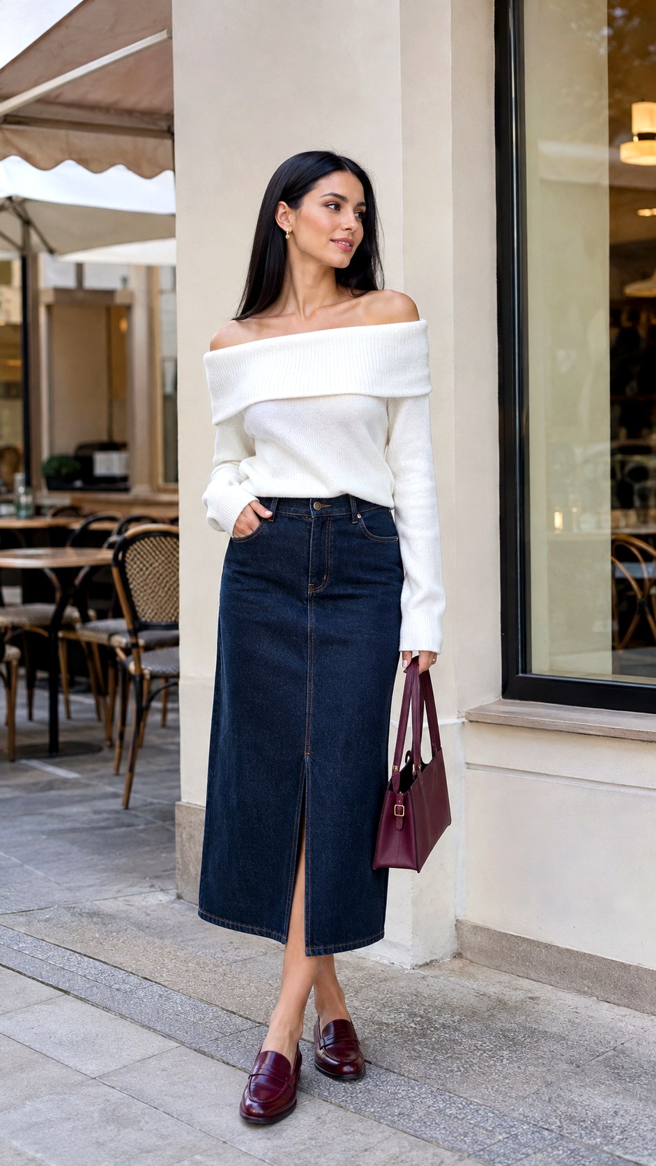 White Off Shoulder Sweater With Denim Skirt - 24 white off shoulder sweater outfit ideas