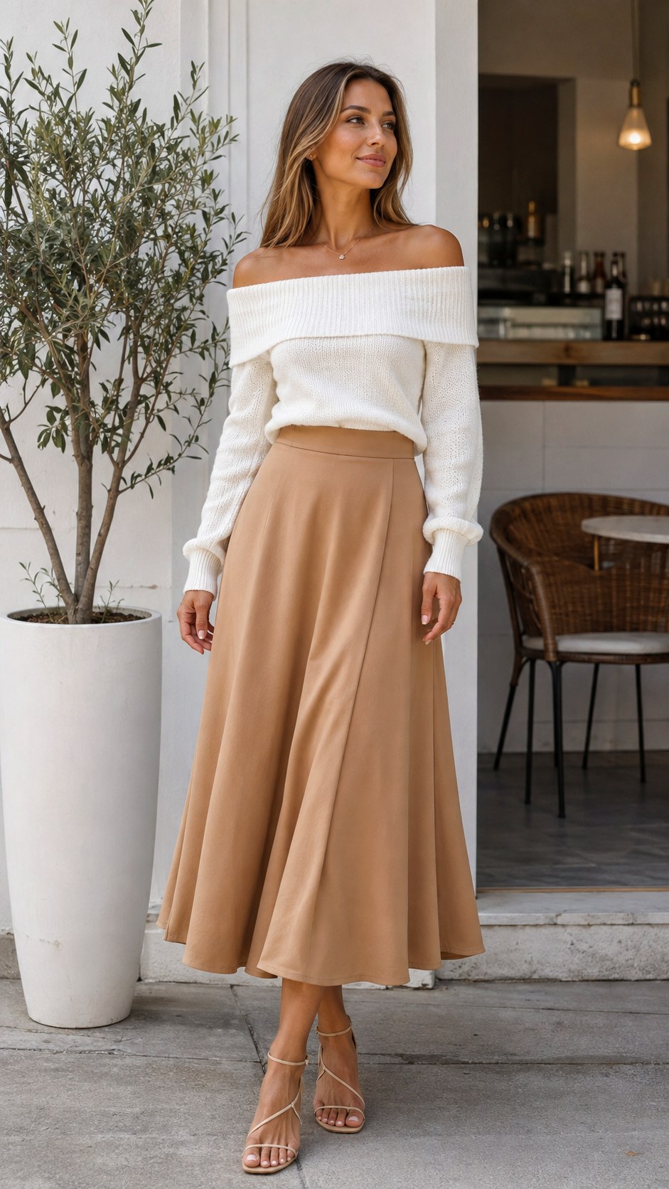White Off Shoulder Sweater With Midi Skirt - 24 white off shoulder sweater outfit ideas