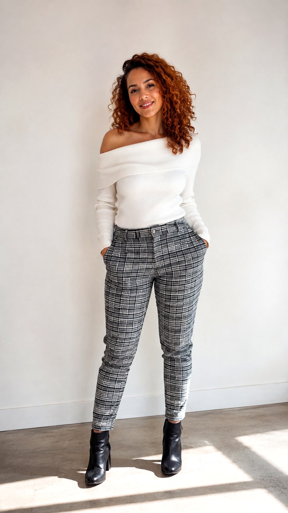 White Off Shoulder Sweater With Plaid Pants - 24 white off shoulder sweater outfit ideas