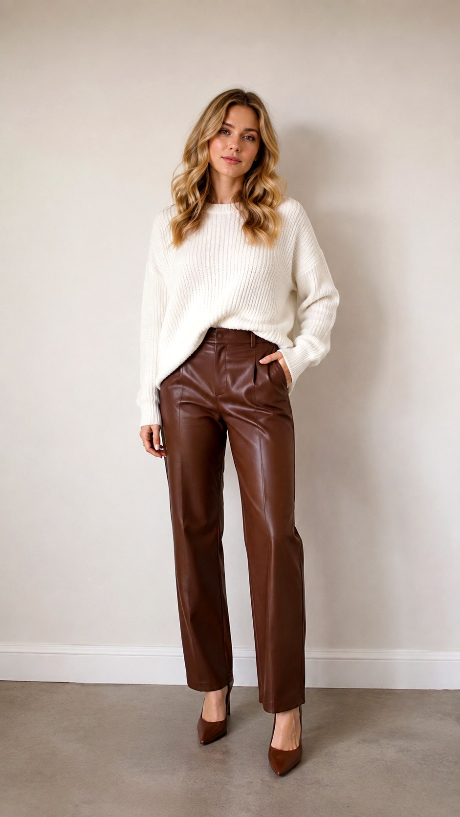 White Sweater And Brown Leather Pants - 25 white sweater outfit ideas