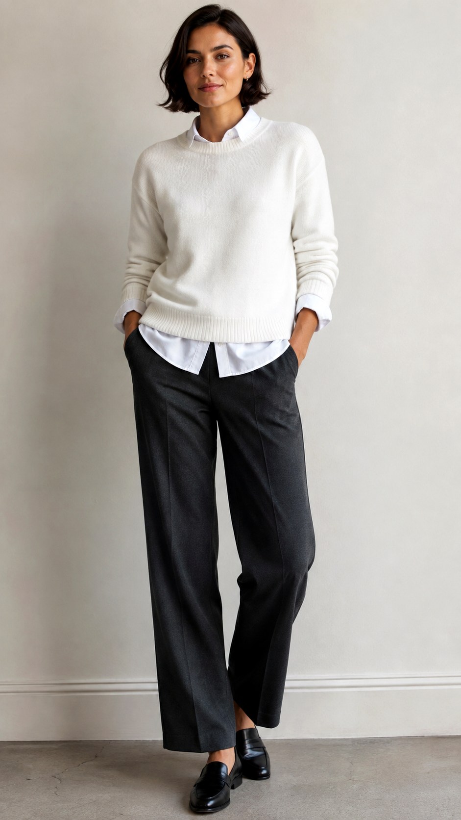 White Sweater Layered Over Button Down - 25 white sweater outfit ideas