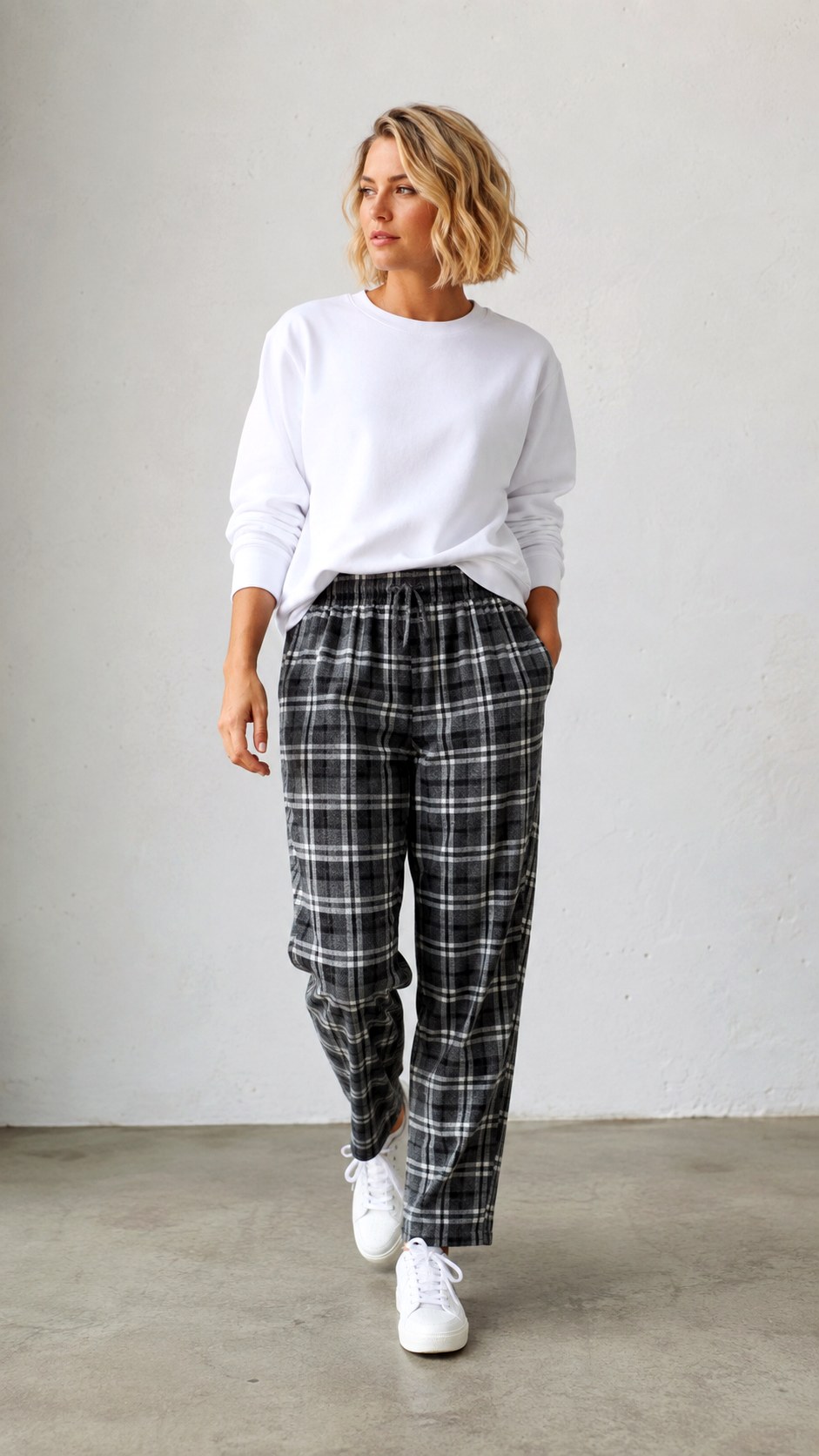 White Sweatshirt Layered Over Flannel Pants - 20 white sweatshirt outfit ideas