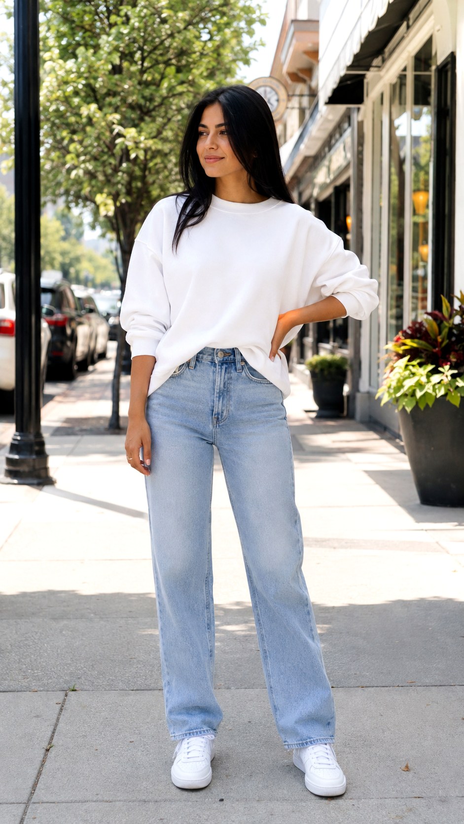 White Sweatshirt Over Light Wash Denim - 20 white sweatshirt outfit ideas