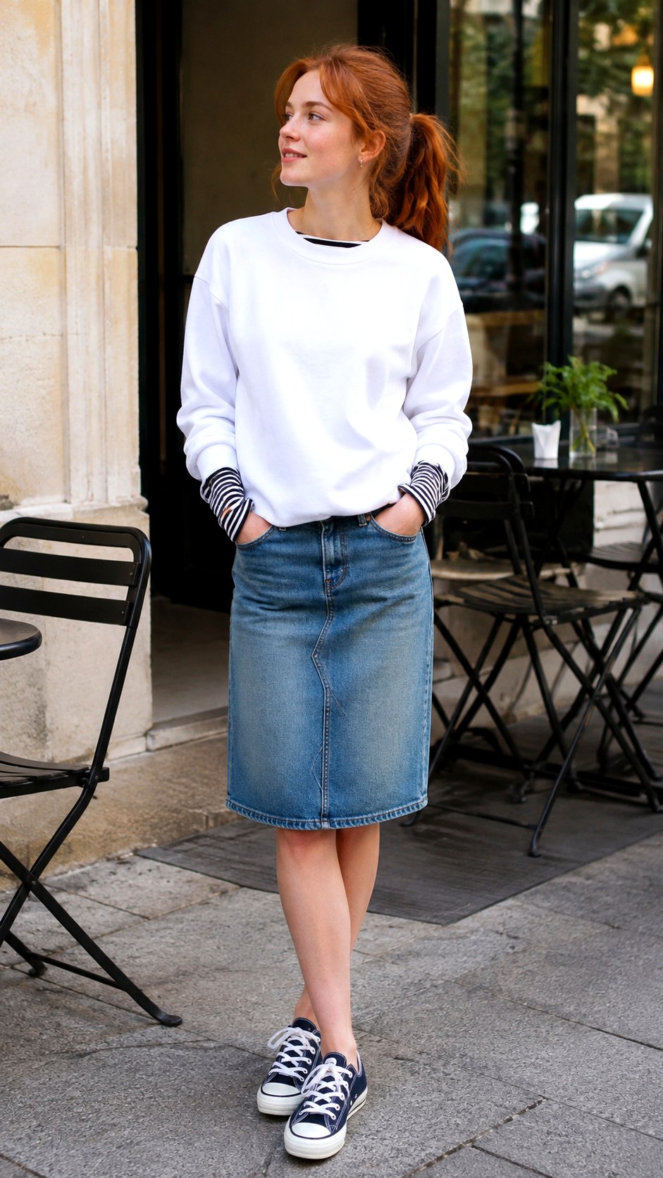 White Sweatshirt Styled With A Denim Skirt - 20 white sweatshirt outfit ideas