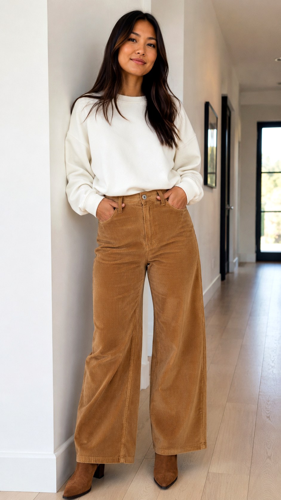 White Sweatshirt Styled With Corduroy Pants - 20 white sweatshirt outfit ideas