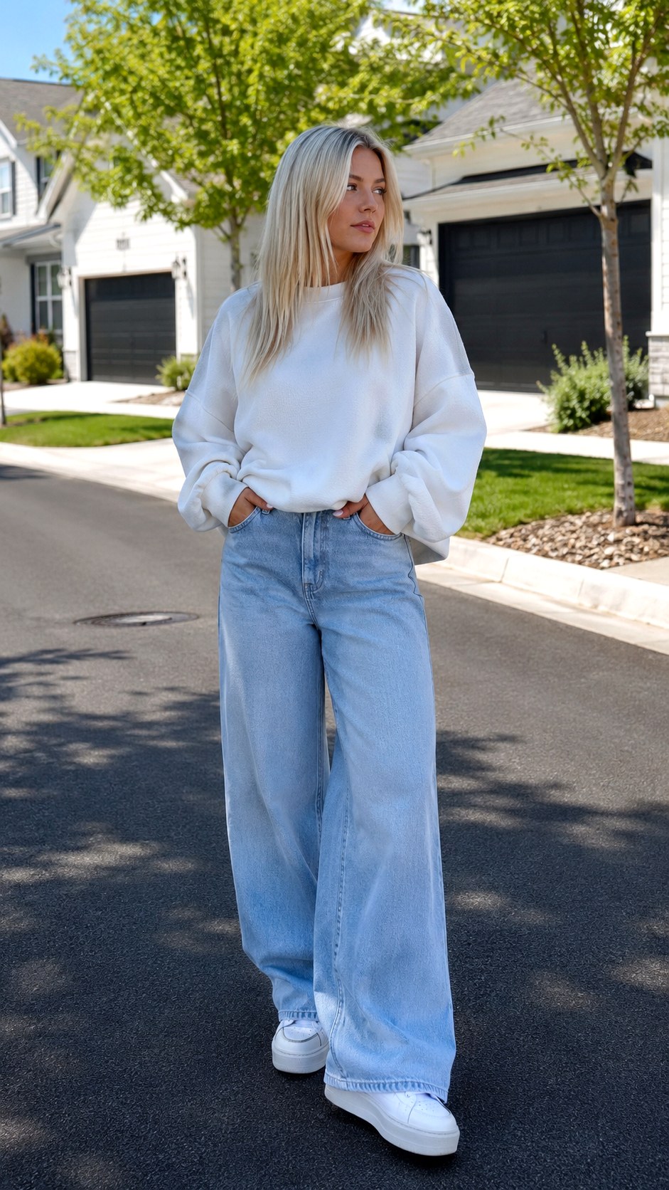White Sweatshirt Styled With Wide Leg Jeans - 20 white sweatshirt outfit ideas