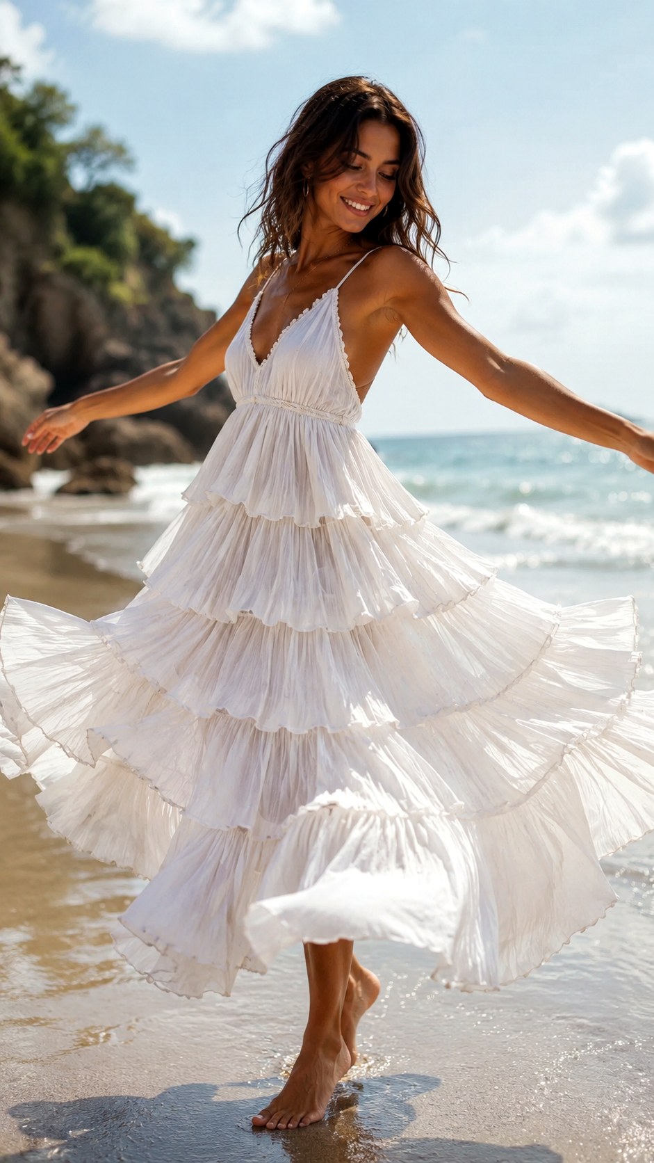 White Tiered Ruffle Beach Dress - 21 white beach dress summer ideas