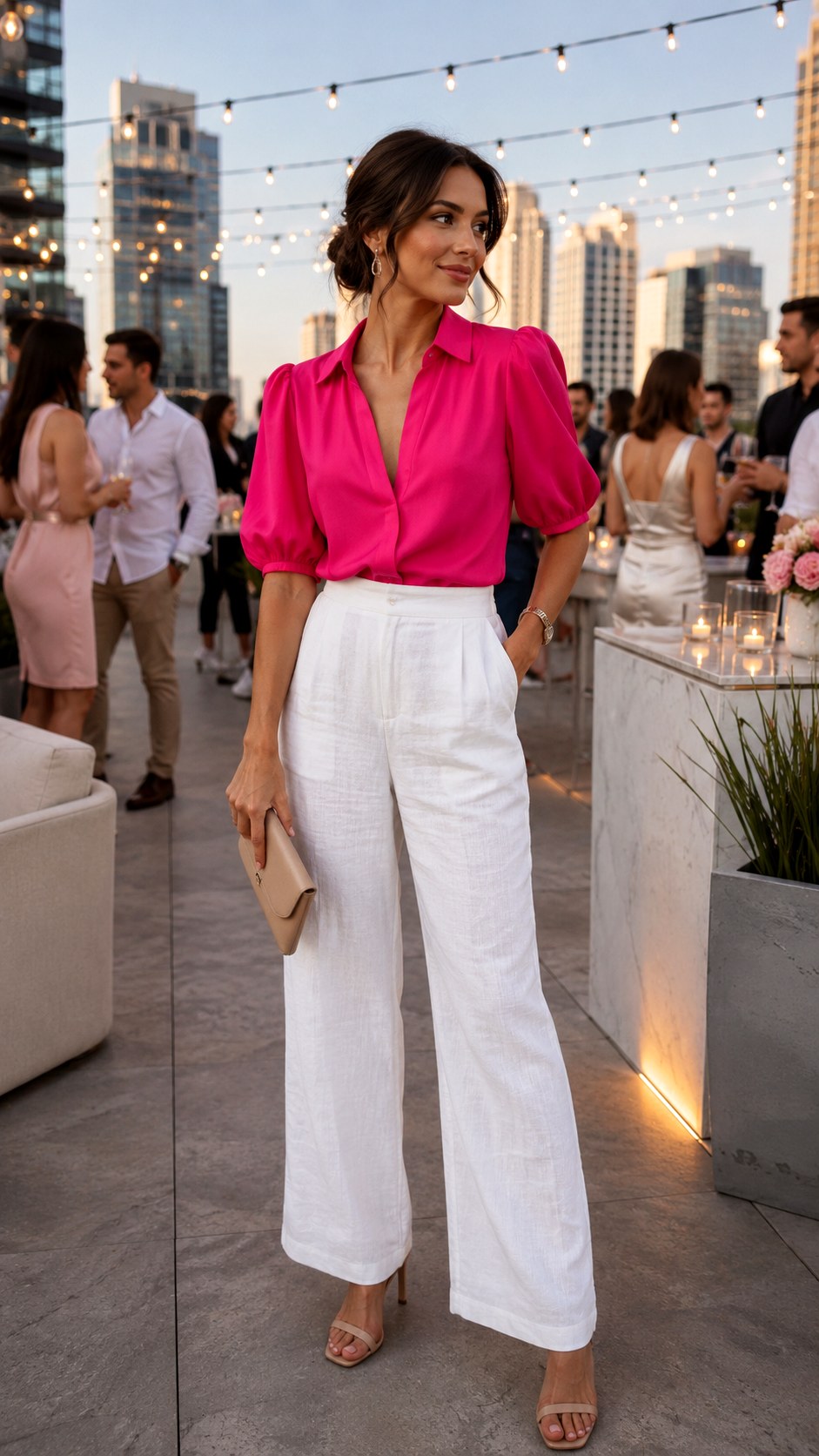 White linen pants with Bright Fuchsia Blouse For Summer Pop - 24 White Linen Pants Outfit Ideas
