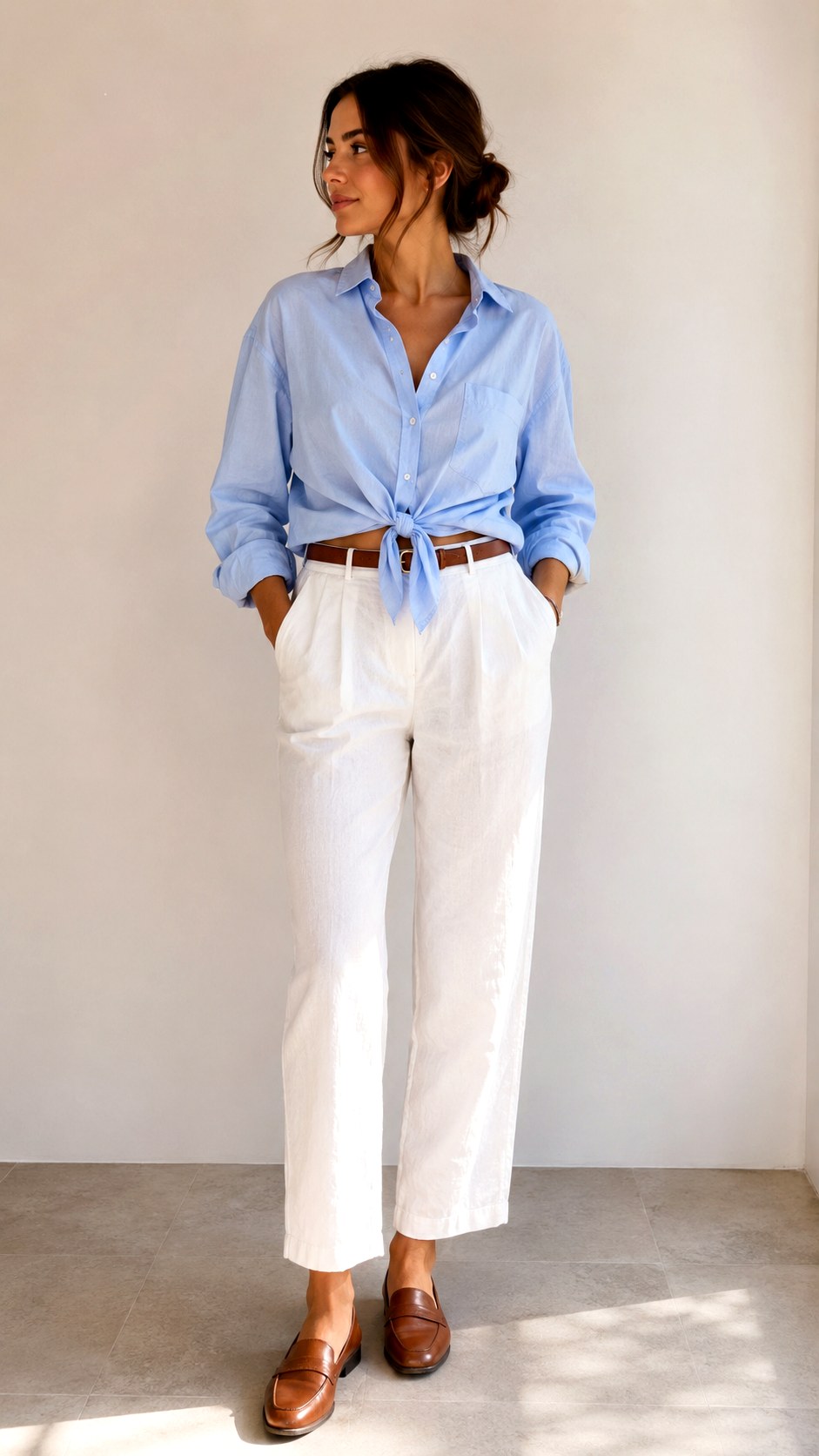White linen pants with Coastal Chic With A Light Blue Button Down - 24 White Linen Pants Outfit Ideas