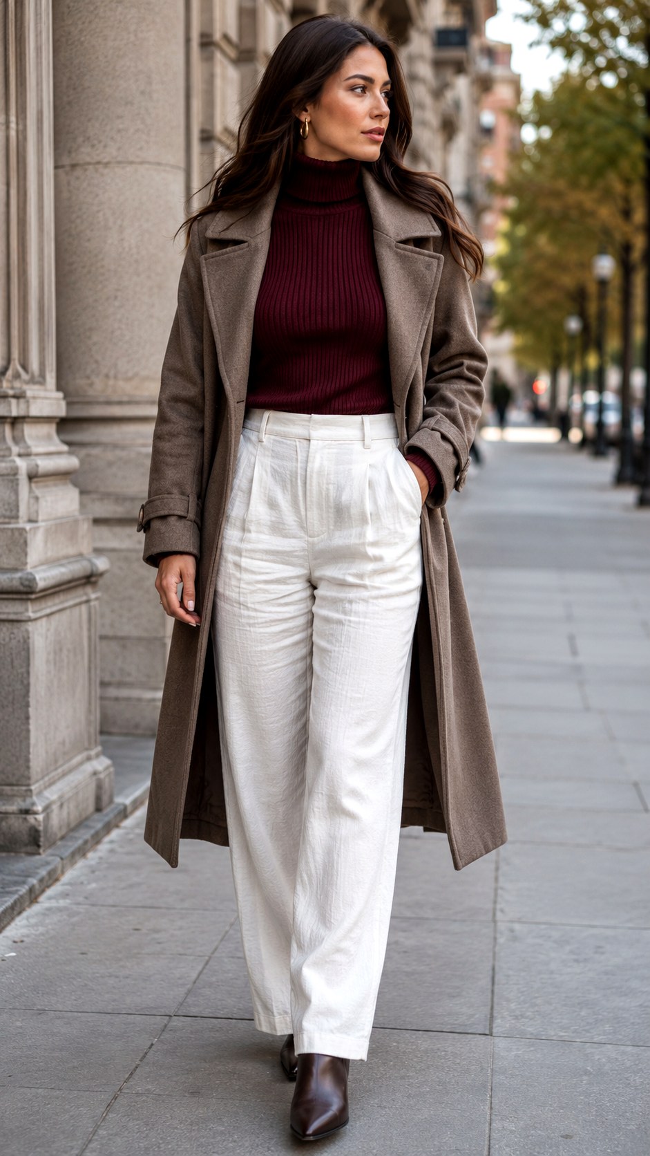 White linen pants with Cozy Turtleneck For Transitional Fall Weather - 24 White Linen Pants Outfit Ideas