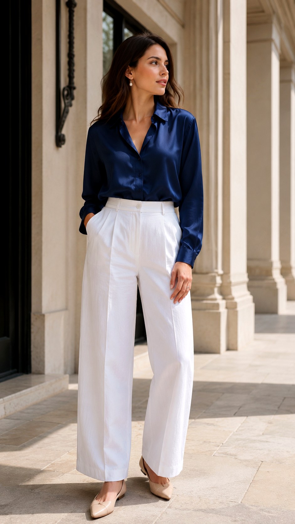 White linen pants with Nautical Inspiration With Navy Silk Blouse - 24 White Linen Pants Outfit Ideas