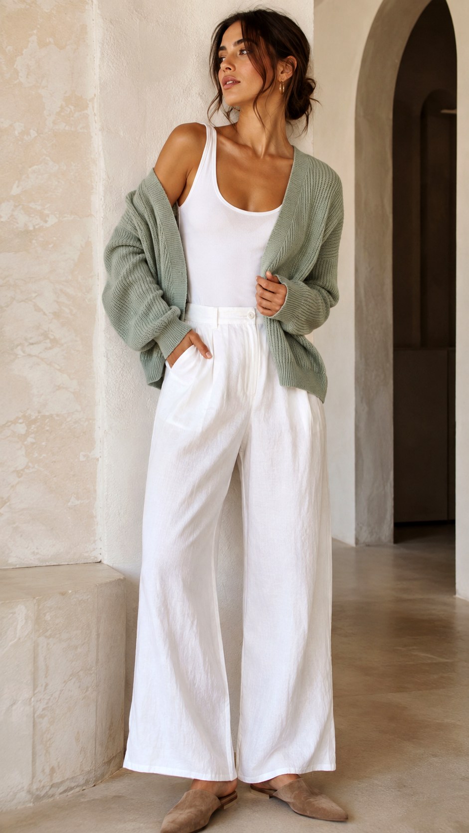 White linen pants with Oversized Sweater For Cool Summer Evenings - 24 White Linen Pants Outfit Ideas