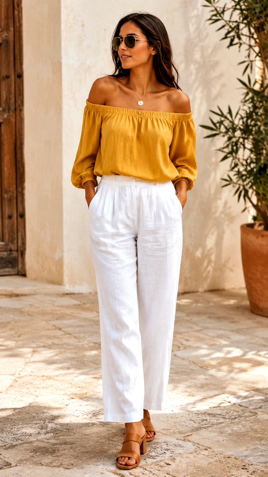 White linen pants with Vibrant Mustard Yellow Off Shoulder Top - 24 White Linen Pants Outfit Ideas