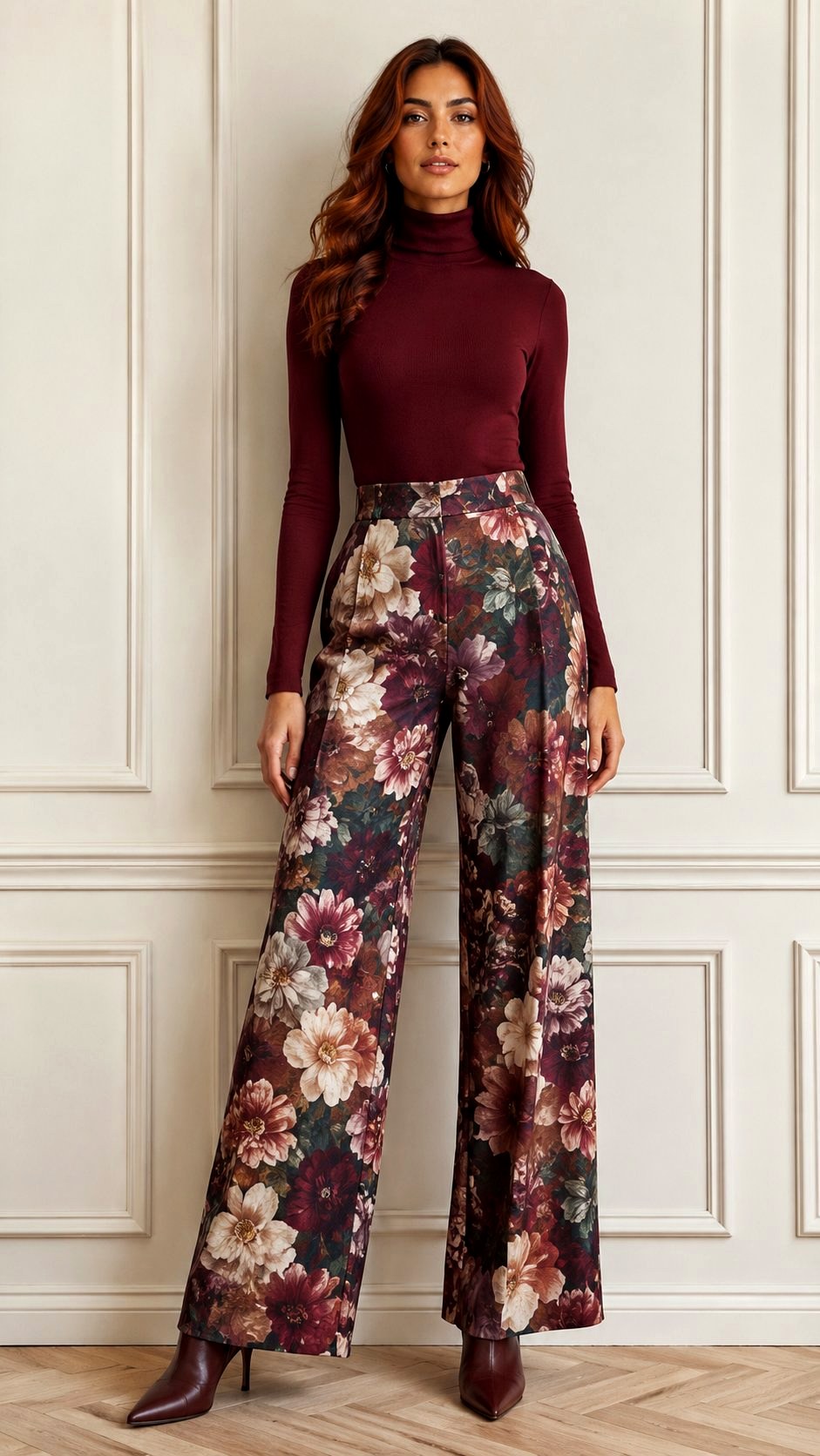 Wide Leg Floral Print Pants With Turtleneck - 21 floral print pants ideas