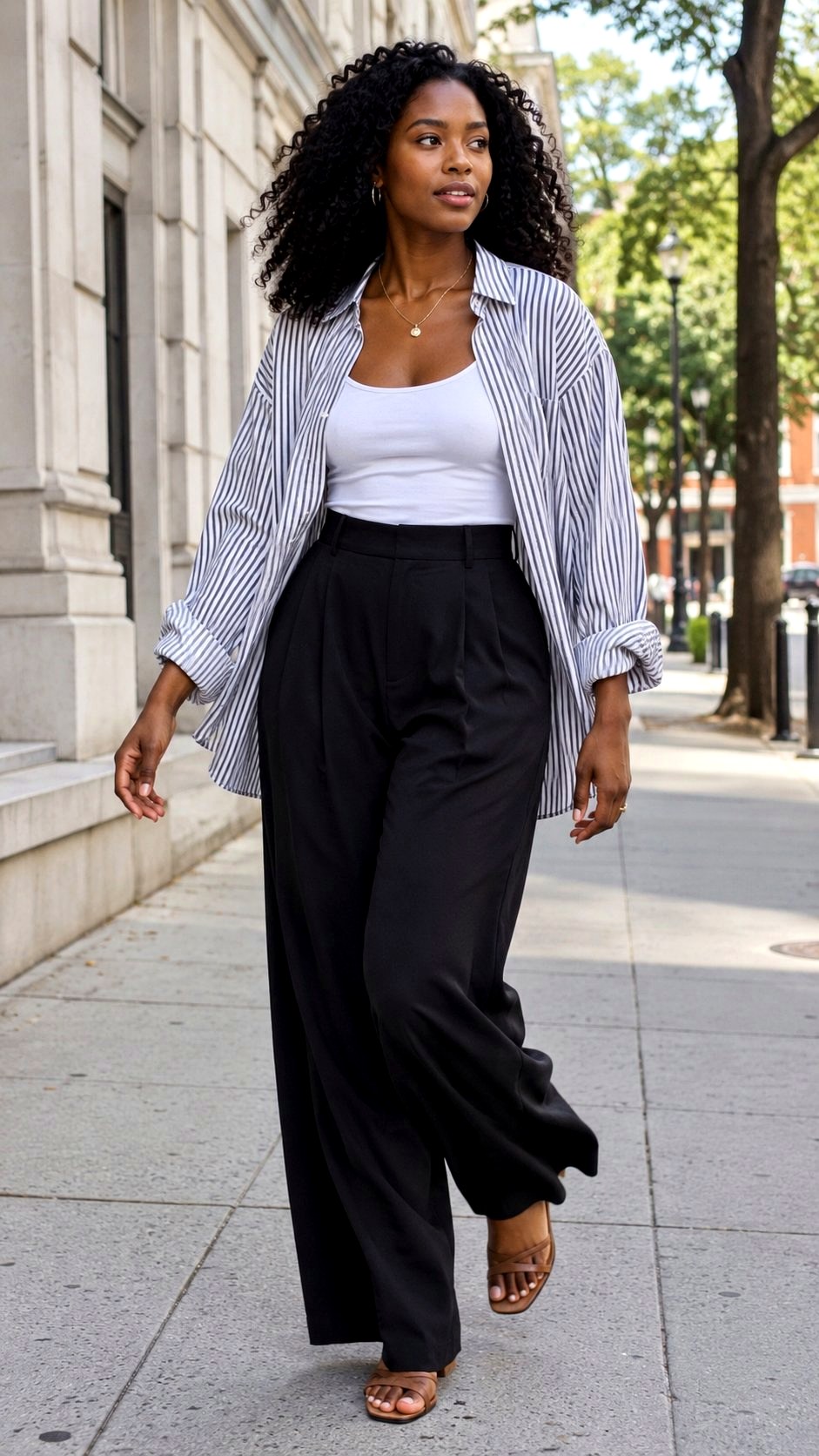 Wide Leg Trousers With Stripe Button Down - 23 italian street style women outfit ideas