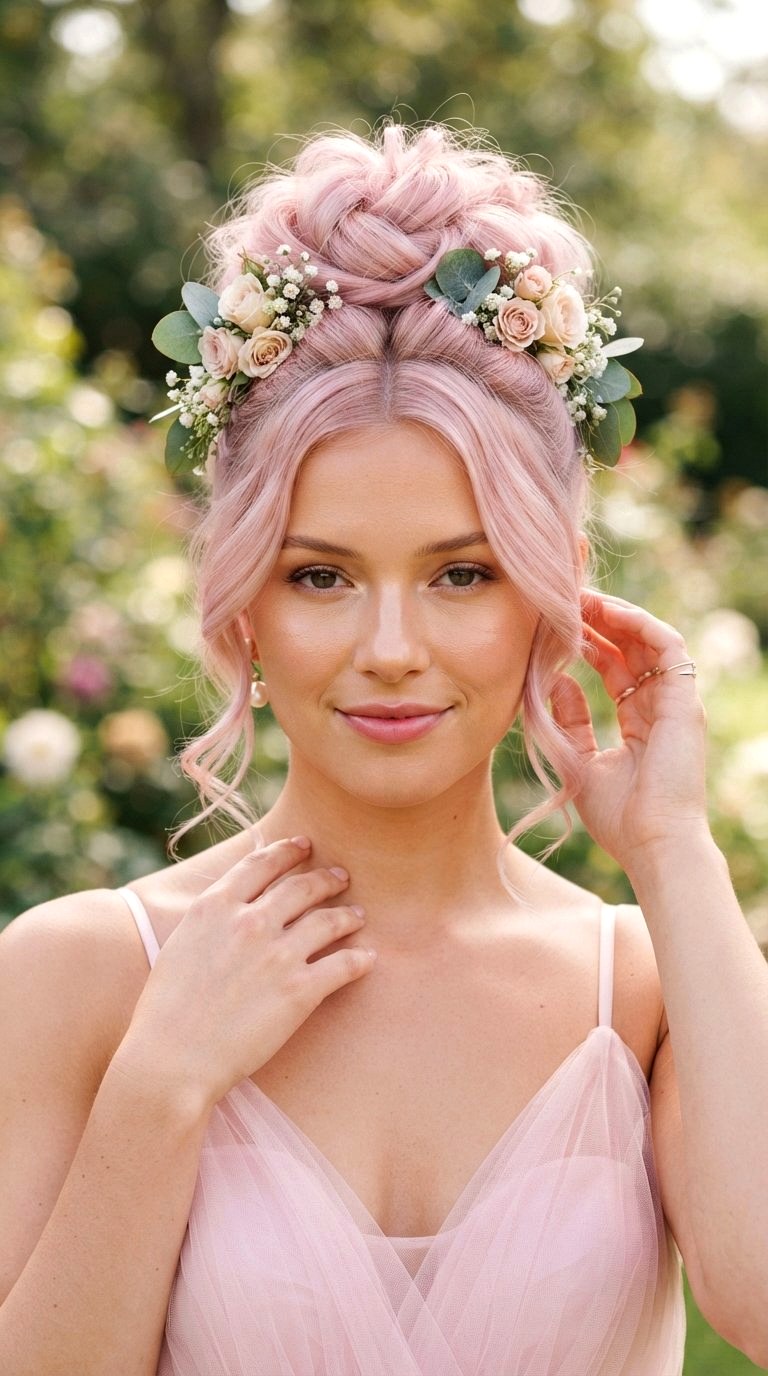 Wispy Floral Accented Top Knot - 20 prom bun hairstyles ideas
