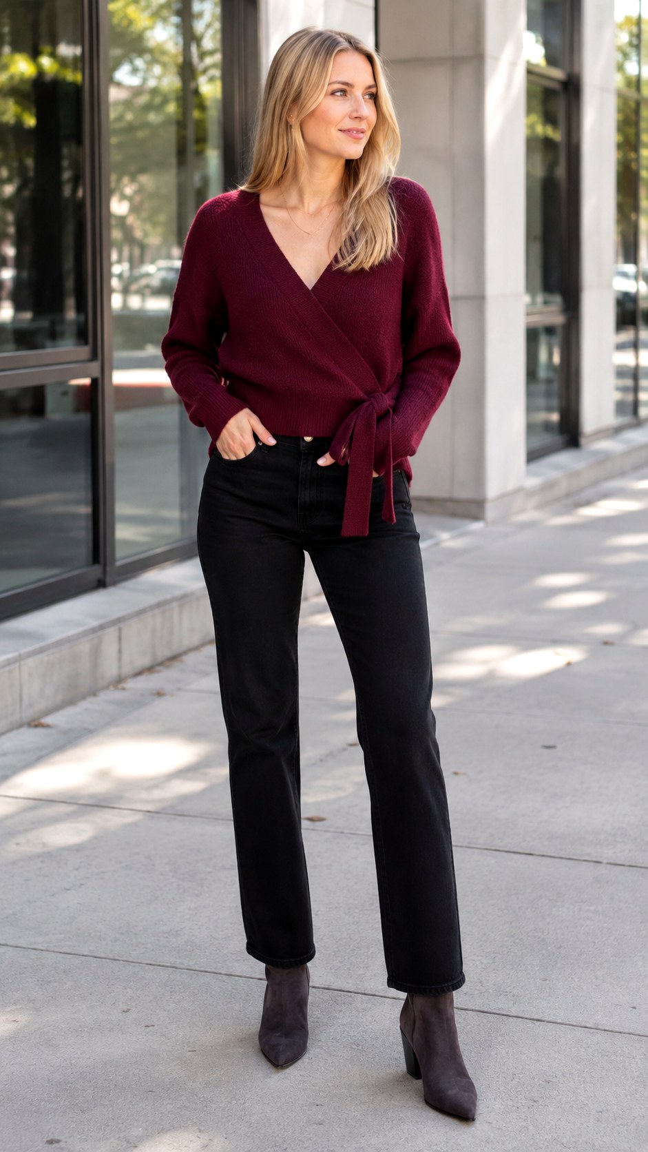 Wrapped Sweater and Straight Jeans - 21 sweater and jean outfit ideas